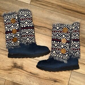 Muk Luks Reversible Nordic Fair Isle Fur Sweater Boots Blue Knit Boho Winter  8